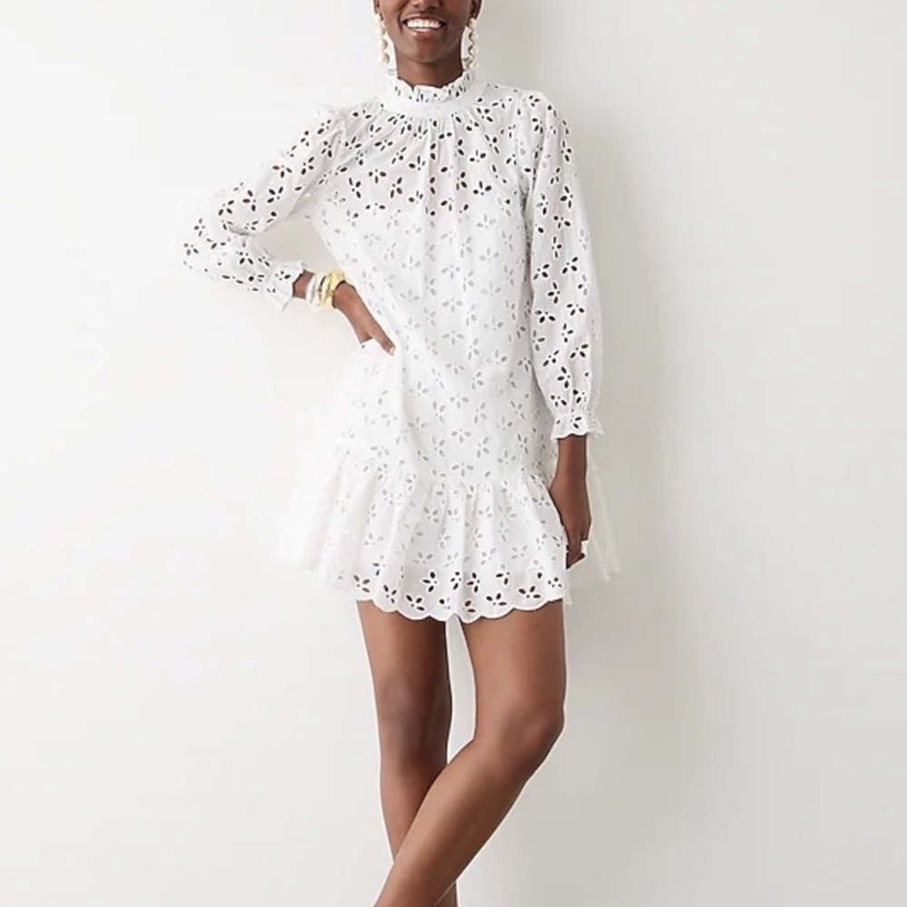 J. Crew Ruffle neck Eyelet White Long Sleeve Mini Dress NWT Size M